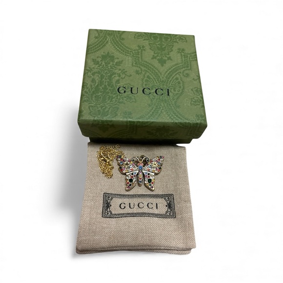 GUCCI Crystal Multicolor Gold Butterfly Pendant Necklace in Box - Picture 3 of 5